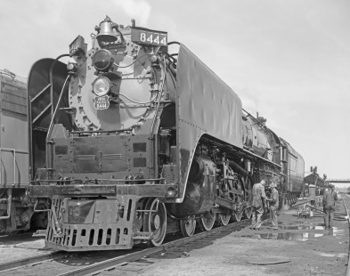 Workers with Union Pacific Railroad steam locomotive no. 8444 in Cheyenne, Wyoming, on May 9, 1968. Photograph by Victor Hand. Hand-UP-64-034.JPG