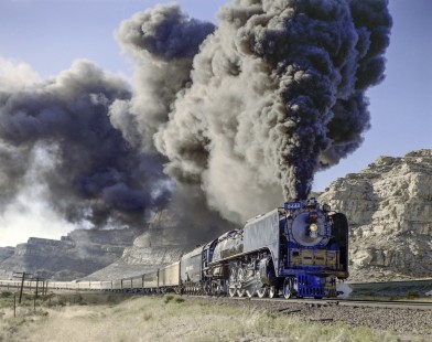 Eastbound Union Pacific Railroad steam locomotive no. 8444 leads special Shriners train on August 31, 1968 at Point of Rocks, Wyoming. Photograph by Victor Hand. Hand-UP-C64-19.JPG;