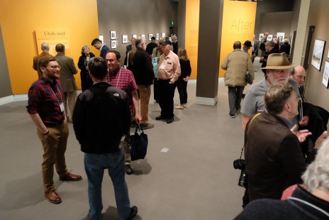 Attendees of Conversations Transcontinental enjoy the Friday reception for the exhibition "After Promontory." Photograph by Scott Lothes.