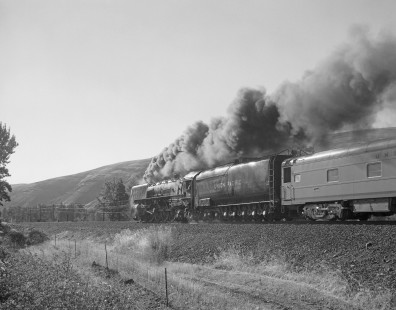 Union Pacific Railroad steam locomotive no. 8444 hauls a westbound cargo train near Homly, Oregon on September 10, 1979. Train is en route between Nampa, Idaho and Hinkle, Oregon. Photograph by Victor Hand. Hand-UP-64-344.JPG