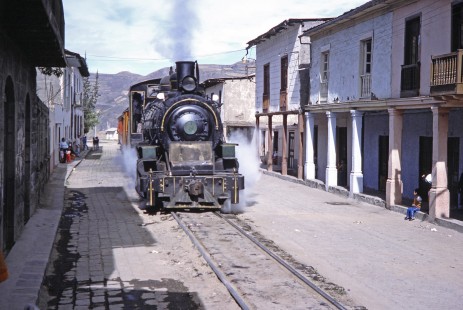 Guayaquil-Quito Railway steam locomotive no. 44 in Alausi, Chimborazo, Ecuador on either July 23 or 24, 1988. Photograph by Fred M. Springer, © 2014, Center for Railroad Photography and Art, Springer-ECU1-06-06
