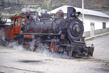 Guayaquil and Quito Railway steam locomotive no. 45 leads passenger train at Alausi, Chimborazo, Ecuador, on July 30, 1988. Photograph by Fred M. Springer, © 2014, Center for Railroad Photography and Art, Springer-ECU1-16-34
