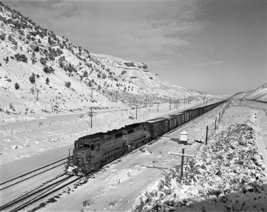 Union Pacific Railroad diesel locomotive no. 844 leads westbound freight on December 20, 1970 at Echo, Utah. It was this locomotive that caused steam locomotive no. 844 to be renumbered to 8444. Photograph by Victor Hand. Hand-UP-64-216.JPG