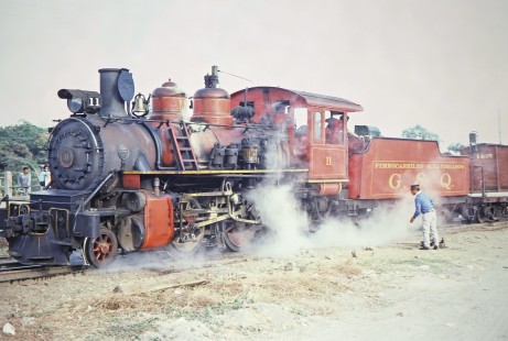 Guayaquil and Quito Railway steam locomotive no. 11 with freight train split a switch in Yaguachi, Guayas, Ecuador, on August 2, 1988. Photograph by Fred M. Springer, © 2014, Center for Railroad Photography and Art, Springer-ECU1-18-14