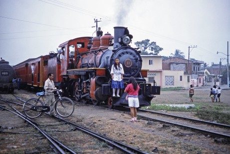 Guayaquil-Quito Railway steam locomotive no. 11 in Naranjito, Chimborazo, Ecuador, on July 23, 1988. Photograph by Fred M. Springer, © 2014, Center for Railroad Photography and Art, Springer-ECU1-04-37