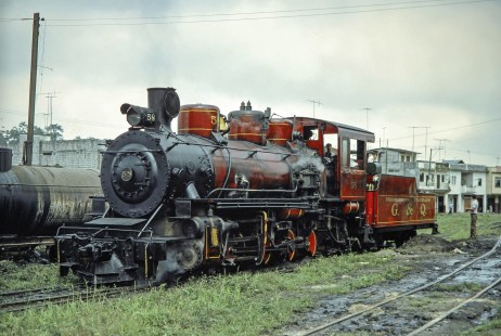 Guayaquil-Quito Railway steam locomotive no. 58 in the yards in  Bucay, Chimborazo, Ecuador, on July 9, 1990. Photograph by Fred M. Springer, © 2014, Center for Railroad Photography and Art, Springer-ECU1-22-03