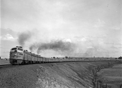 Union Pacific Railroad diesel locomotive no. 901 leads westbound passenger train no. 103, the <i>City of Los Angeles,</i> en route from Chicago, Illinois to Los Angeles, California. This image was shot in Buford, Wyoming, on May 10, 1968. Photograph by Victor Hand. Hand-UP-64-051.JPG