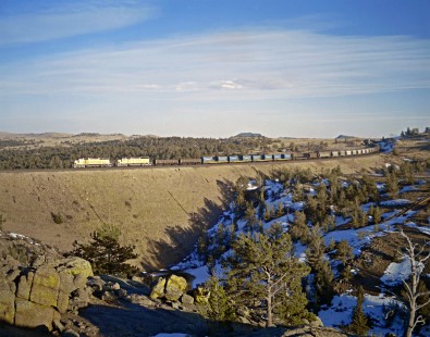 Union Pacific Railroad eastbound freight train at Sherman, Wyoming on March 26, 1979. Photograph by Victor Hand. Hand-UP-C64-39.JPG