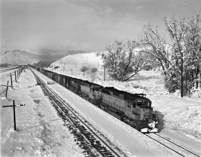 Union Pacific Railroad diesel locomotive no. 3608 leads eastbound freight train on December 20, 1970 near Echo, Utah. Photograph by Victor Hand. Hand-UP-64-212.JPG