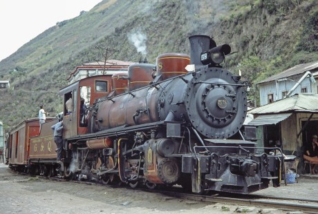 Guayaquil-Quito Railway steam locomotive no. 58 leads passenger train near Huigra, Chimborazo, Ecuador, on July 10, 1990. Photograph by Fred M. Springer, © 2014, Center for Railroad Photography and Art, Springer-SOAM1-02-11
