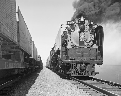 Union Pacific Railroad steam locomotive no. 8444 leads eastbound passenger train no. 18, the <i>Portland Rose</i>, at Speer, Wyoming, on March 27, 1971. Photograph by Victor Hand. Hand-UP-64-229.JPG