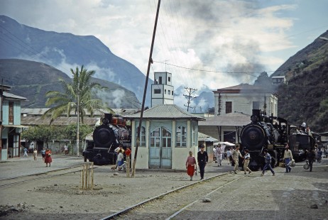 Guayaquil-Quito Railway steam locomotives nos. 58 and 41 with trains in Huigra, Chimborazo, Ecuador, on July 9, 1990. Photograph by Fred M. Springer, © 2014, Center for Railroad Photography and Art, Springer-ECU1-23-10