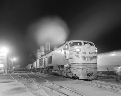 Union Pacific Railroad gas turbine-electric locomotive no. 25 with a westbound freight train in Rawlins, Wyoming, on the evening of August 31, 1968. Photograph by Victor Hand. Hand-UP-64-141.JPG