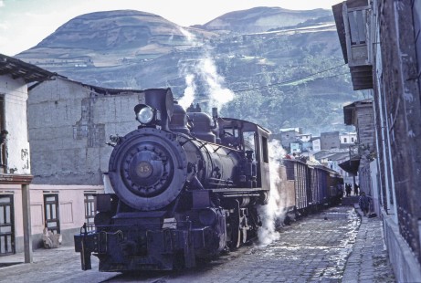 Guayaquil and Quito Railway steam locomotive no. 45 with passenger train in Alausi, Chimborazo, Ecuador, on July 30, 1988. Photograph by Fred M. Springer, © 2014, Center for Railroad Photography and Art, Springer-ECU1-16-27