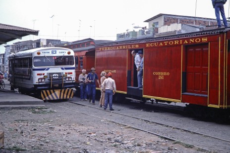 Empresa de Ferrocarriles Ecuatorianos car no. 63 and a passing rail bus in Naranjito, Chimborazo, Ecuador, on July 23, 1988. Photograph by Fred M. Springer, © 2014, Center for Railroad Photography and Art, Springer-ECU1-04-35
