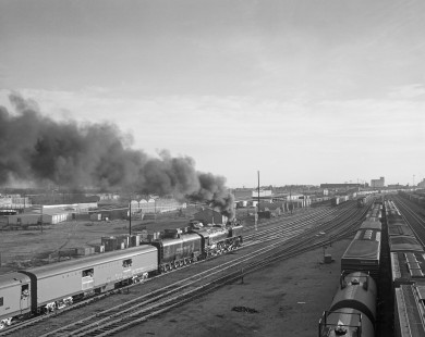 Union Pacific Railroad steam locomotive no. 8444 leads westbound excursion train in Denver, Colorado, on August 12, 1978. Train is en route to Laramie, Wyoming. Photograph by Victor Hand. Hand-UP-64-278.JPG