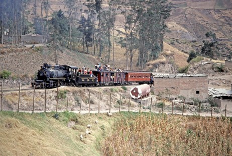 Guayaquil and Quito Railway steam locomotive no. 44 leads a passenger train in Alausi, Chimborazo, Ecuador, on July 31, 1988. Photograph by Fred M. Springer, © 2014, Center for Railroad Photography and Art, Springer-ECU1-17-08