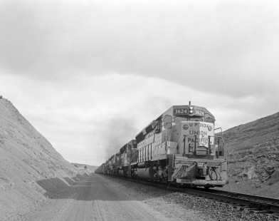 Union Pacific Railroad diesel locomotive no. 3624 hauls a westbound freight train in Harriman, Wyoming, on January 24, 1970. Photograph by Victor Hand. Hand-UP-64-206.JPG