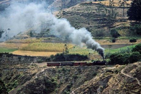 Guayaquil-Quito Railway steam locomotive no. 58 leads passenger train near Colta, Chimborazo, Ecuador, on July 10, 1990. Photograph by Fred M. Springer, © 2014, Center for Railroad Photography and Art, Springer-SOAM1-02-33