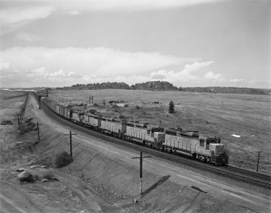 Union Pacific Railroad locomotive no. 725 leads an eastbound freight train in Dale, Wyoming, on May 10, 1968. Photograph by Victor Hand. Hand-UP-64-053.JPG