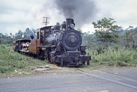 Guayaquil and Quito Railway steam locomotive no. 45 leads  passenger train at Bucay, Guayas, Ecuador, on July 30, 1988. Photograph by Fred M. Springer, © 2014, Center for Railroad Photography and Art, Springer-ECU1-15-15
