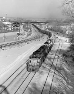 Union Pacific Railroad freight train at Omaha, Nebraska, on January 13, 1991. Photograph by Robert A. Hadley, © 2017, Center for Railroad Photography and Art. Hadley-02-151-04