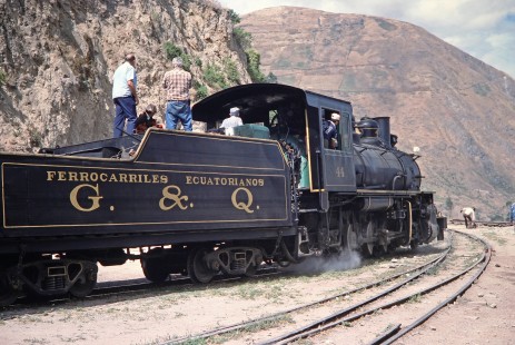 Guayaquil-Quito Railway steam locomotive no. 44 in Alausi, Chimborazo, Ecuador, on July 24, 1988. Photograph by Fred M. Springer, © 2014, Center for Railroad Photography and Art, Springer-ECU1-07-25