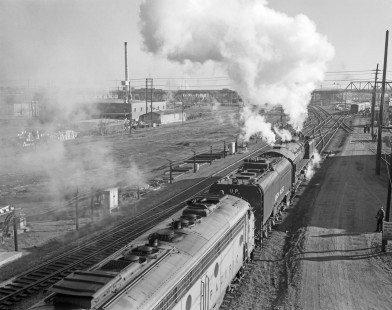 Union Pacific Railroad steam locomotive no. 8444 hauls westbound passenger train no. 9, <i>City of Kansas City</i>, in Denver, Colorado, on March 29, 1971. Photograph by Victor Hand. Hand-UP-64-244.JPG