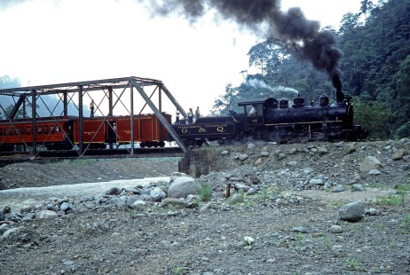 Guayaquil-Quito Railway steam locomotive no. 44 crosses a bridge north of Bucay, Chimborazo, Ecuador, on July 23, 1988. Photograph by Fred M. Springer, © 2014, Center for Railroad Photography and Art, Springer-ECU1-04-01