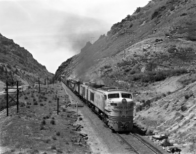 Union Pacific Railroad gas turbine-electric locomotive no. 14 with an eastbound freight train in Weber Canyon, Utah, on May 11, 1969. Photograph by Victor Hand. Hand-UP-64-164.JPG