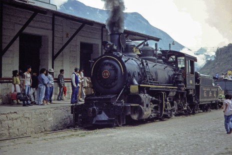 Guayaquil-Quito Railway steam locomotive no. 44 in Huigra, Chimborazo, Ecuador, on July 9, 1990. Photograph by Fred M. Springer, © 2014, Center for Railroad Photography and Art, Springer-ECU1-23-12
