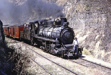Guayaquil-Quito Railway steam locomotive no. 44 with  passenger train near Sibambe, Chimborazo, Ecuador, on July 27, 1988. Photograph by Fred M. Springer, © 2014, Center for Railroad Photography and Art, Springer-ECU1-10-25