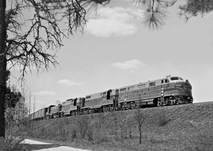Southbound Central of Georgia Railway freight train, running as first no. 29, approaches Phenix City, Alabama, behind mix of EMD and Alco units in March 1954. Photograph by J. Parker Lamb, © 2016, Center for Railroad Photography and Art. Lamb-02-007-08