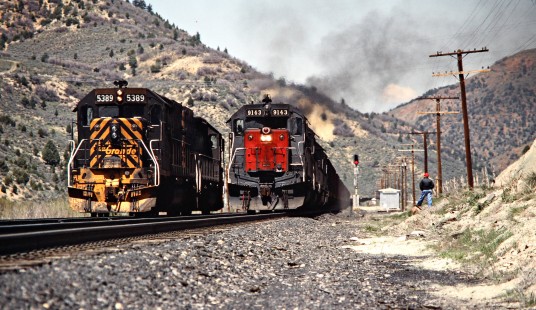 Eastbound Denver and Rio Grande Western Railroad coal train and helper locomotives at Narrows, Utah, on May 12, 1986. Photograph by John F. Bjorklund, © 2015, Center for Railroad Photography and Art. Bjorklund-48-18-12