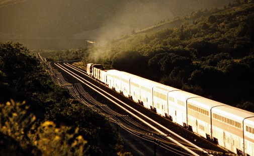 Amtrak's <i>California Zephyr</i> passenger train near Gilluly, Utah, on July 24, 1994. Photograph by John F. Bjorklund, © 2015, Center for Railroad Photography and Art. Bjorklund-49-18-12