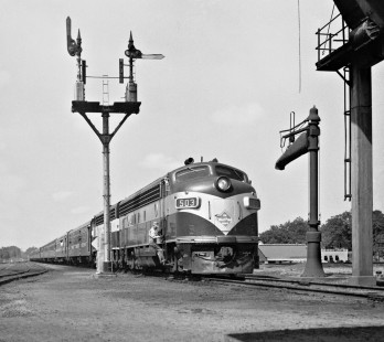 Atlanta-bound West Point Route <i>Crescent</i> passenger train slows for crossing at Opelika, Alabama, in September 1951. Fireman will walk ahead of train at Central of Georgia Railway crossing. Photograph by J. Parker Lamb, © 2016, Center for Railroad Photography and Art. Lamb-02-019-01