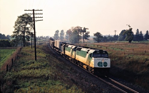Eastbound Canadian Pacific Railway freight train no. 904 with GO Transit locomotives near Woodstock, Ontario, on September 27, 1979. Photograph by John F. Bjorklund, © 2015, Center for Railroad Photography and Art. Bjorklund-37-10-15