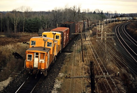 Eastbound Canadian Pacific Railway freight train at Lobo, Ontario, on November 29, 1986. Photograph by John F. Bjorklund, © 2015, Center for Railroad Photography and Art. Bjorklund-38-27-09