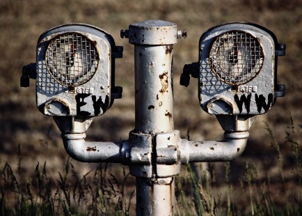 Canadian Pacific Railway track occupancy indicator signals at Zorra, Ontario, on June 18, 1983. Photograph by John F. Bjorklund, © 2015, Center for Railroad Photography and Art. Bjorklund-37-23-04