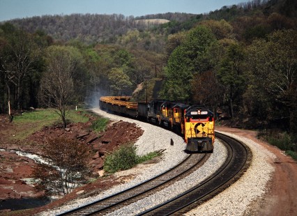 Eastbound CSX Transportation freight train near Fairhope, Pennsylvania, on May 13, 1988. Photograph by John F. Bjorklund, © 2015, Center for Railroad Photography and Art. Bjorklund-44-01-18