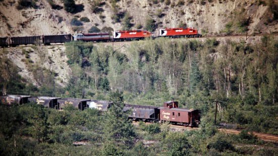 Eastbound Canadian Pacific Railway freight train near Castlegar, British Columbia, on July 14, 1973. Photograph by John F. Bjorklund, © 2015, Center for Railroad Photography and Art. Bjorklund-36-20-15