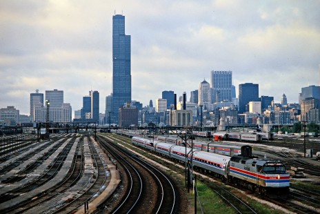 Westbound Amtrak passenger train no. 375, the <i>Black Hawk</i>, leaving Chicago Union Station for its run across the Illinois Central Gulf Railroad on September 5, 1977. Photograph by John F. Bjorklund, © 2016, Center for Railroad Photography and Art. Bjorklund-60-10-02