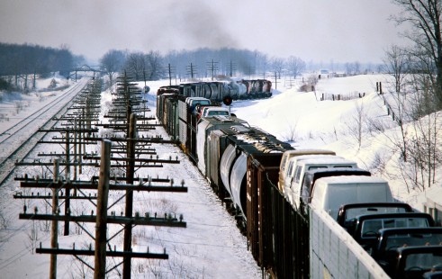 Westbound Canadian Pacific Railway freight train near Hyde Park, Ontario, on February 4, 1978. Photograph by John F. Bjorklund, © 2015, Center for Railroad Photography and Art. Bjorklund-37-04-17