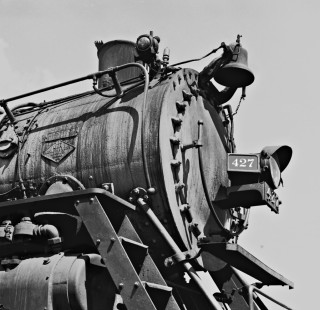 Smokebox view of West Point Route Lima-built (1923) 2-8-2 steam locomotive at Opelika, Alabama, in August 1952. Photograph by J. Parker Lamb, © 2016, Center for Railroad Photography and Art. Lamb-02-018-01
