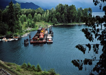 Canadian Pacific Railway local freight train on barge in Slocan Lake at Rosebery, British Columbia, on July 14, 1983. Photograph by John F. Bjorklund, © 2015, Center for Railroad Photography and Art. Bjorklund-38-07-05