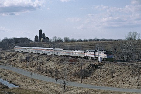 Eastbound Amtrak passenger train no. 8, the "Empire Builder," detouring on the Chicago & North Western near Lebanon, Wisconsin, on March 23, 1986. Normally the train ran on the nearby Soo Line (ex-Milwaukee Road) route.