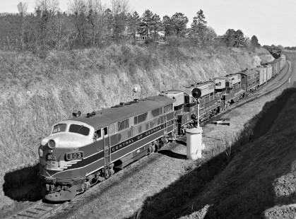 Birmingham-bound Central of Georgia Railway freight train no. 29 passes north end of siding at Opelika, Alabama, in March 1954. Photograph by J. Parker Lamb, © 2016, Center for Railroad Photography and Art. Lamb-02-007-05