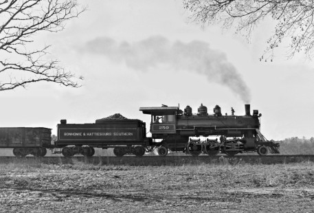 Northbound Bonhomie and Hattiesburg Southern Railroad 2-6-2 approaches Hattiesburg, Mississippi, in late afternoon of March 1959. Photograph by J. Parker Lamb, © 2016, Center for Railroad Photography and Art. Lamb-02-030-12