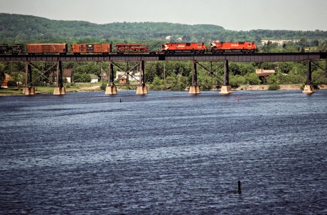 Eastbound Canadian Pacific Railway freight train crossing the Trent River in Trenton, Ontario, on May 26, 1980. Photograph by John F. Bjorklund, © 2015, Center for Railroad Photography and Art. Bjorklund-37-13-01