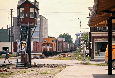 Westbound Canadian Pacific Railway freight train at crossing tower in Chatham, Ontario, on June 23, 1974. Photograph by John F. Bjorklund, © 2015, Center for Railroad Photography and Art. Bjorklund-36-24-11